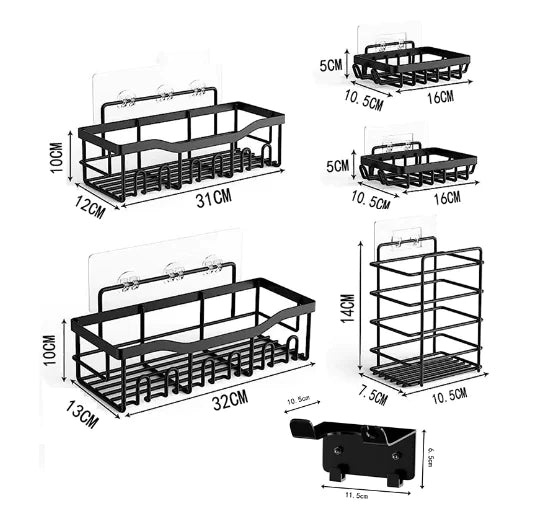 Black wall-mounted shower storage rack with multiple shelves and hooks for bathroom organization