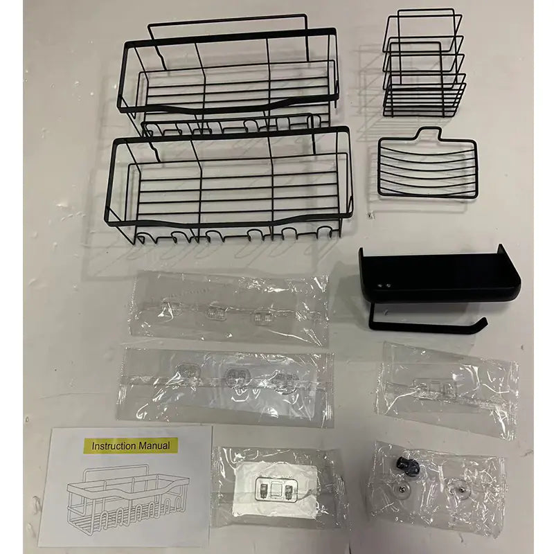 Unassembled black metal wall-mounted shower storage rack with multiple baskets and mounting hardware