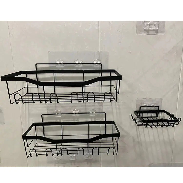 Black metal wall-mounted shower storage rack set with multiple tier shelves and hooks for bathroom organization