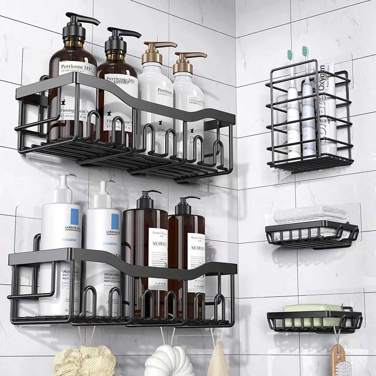 Black wall-mounted shower storage rack with multiple shelves holding bottles and toiletries in bathroom