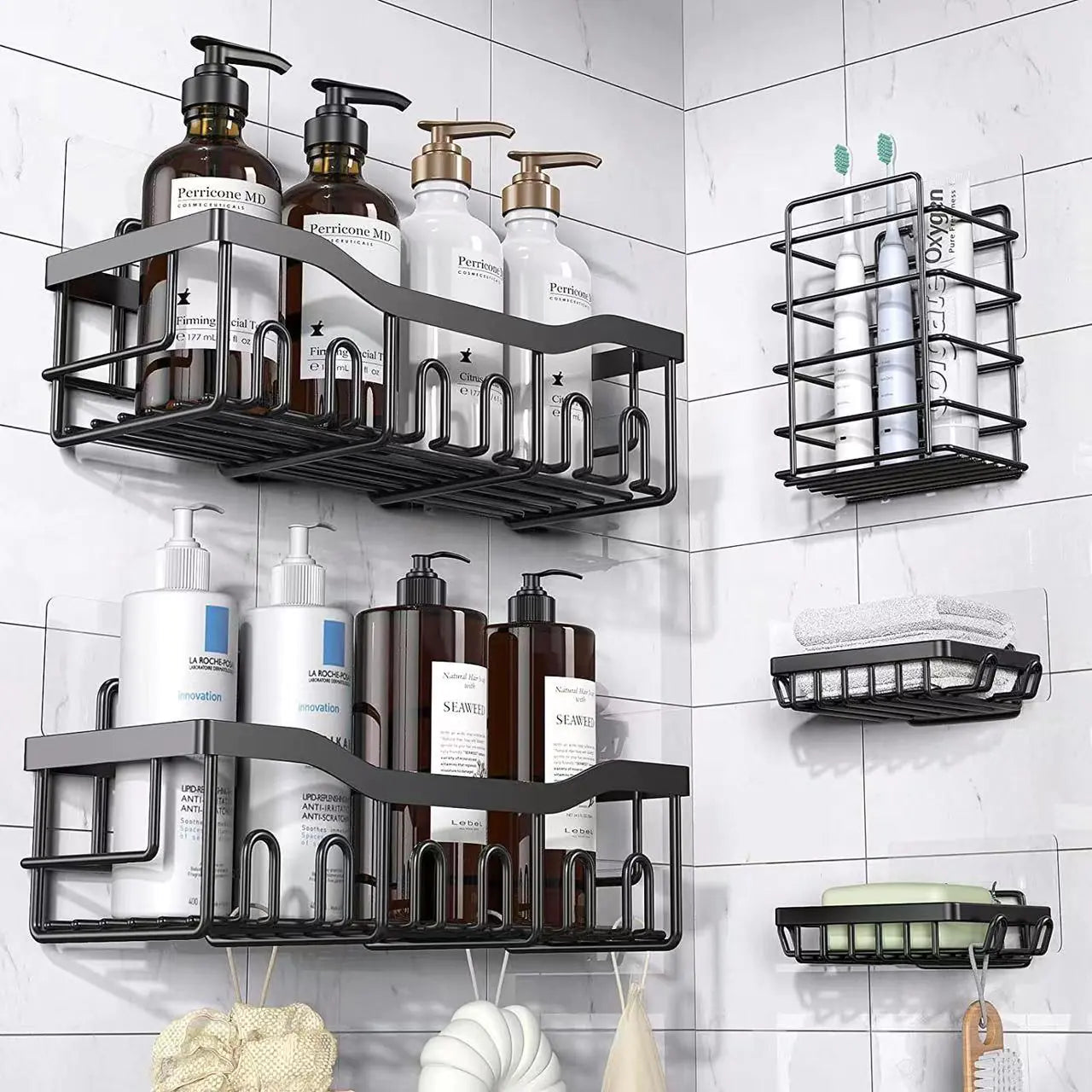 Wall-mounted shower storage rack set holding shampoo bottles, soap bars, and toiletries on white tiled bathroom wall