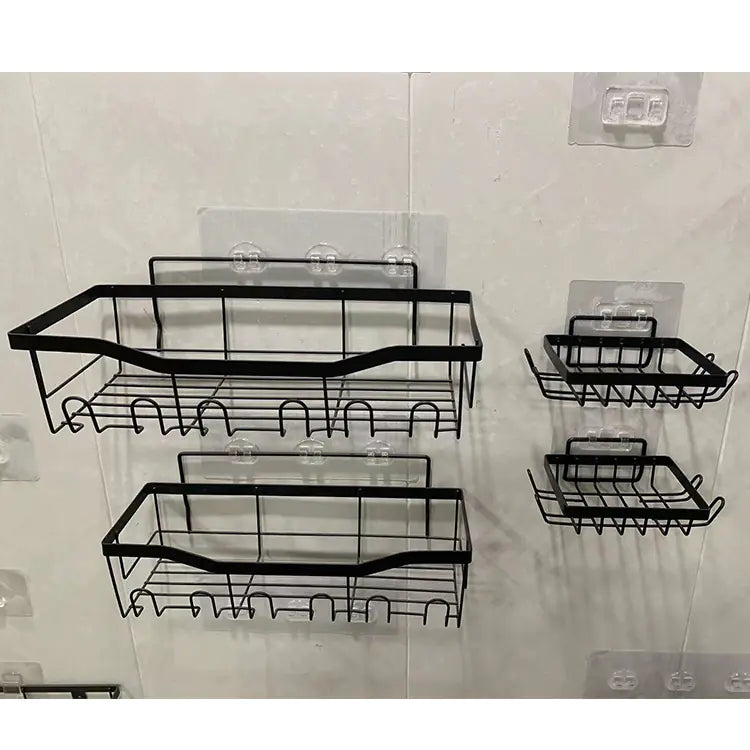 Black metal wall-mounted shower storage rack set with multiple hooks and shelves for bathroom organization