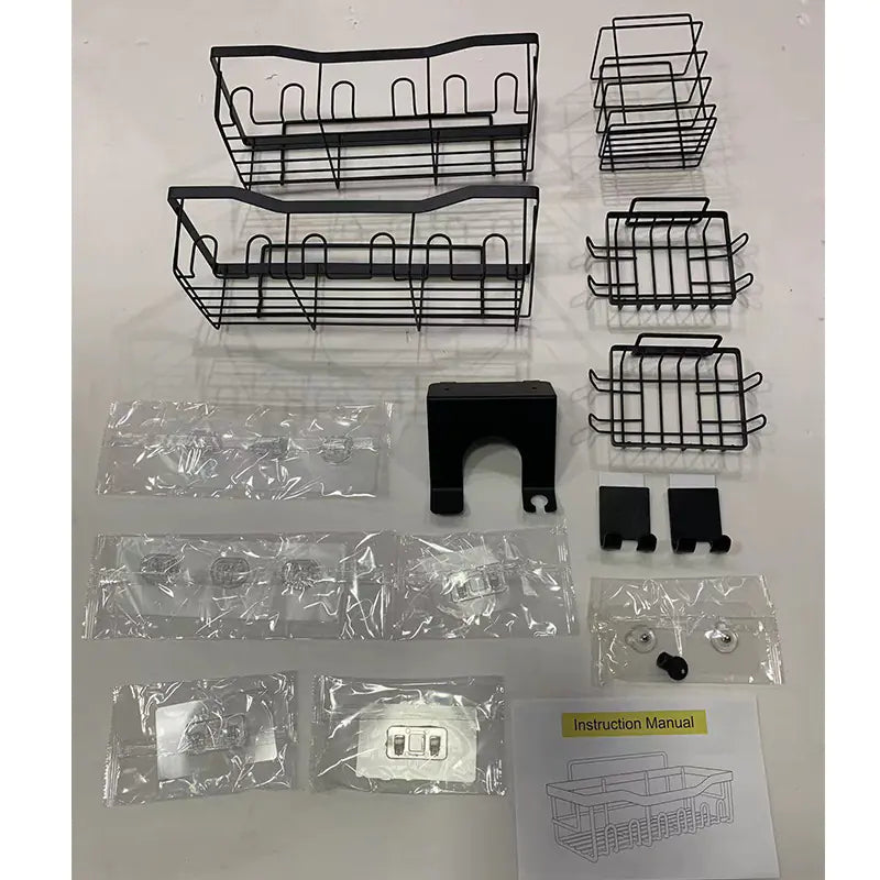 Wall-mounted shower storage rack with multiple black metal baskets, hooks, screws, and installation manual