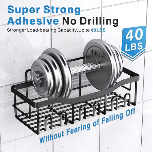Black wall-mounted shower storage rack with super strong adhesive holding 40 lbs dumbbells on tiled wall