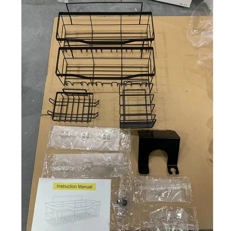 Black metal wall-mounted shower storage rack set with multiple compartments and installation accessories