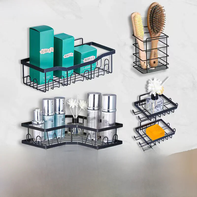 Black metal wall-mounted shower storage rack set holding toiletries brushes and soap in bathroom