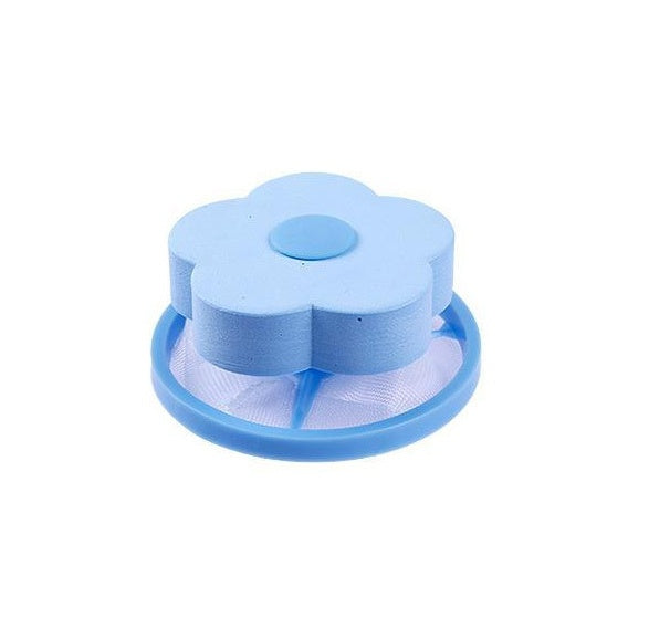 Blue flower-shaped washing machine hair catcher with mesh filter for bathroom storage