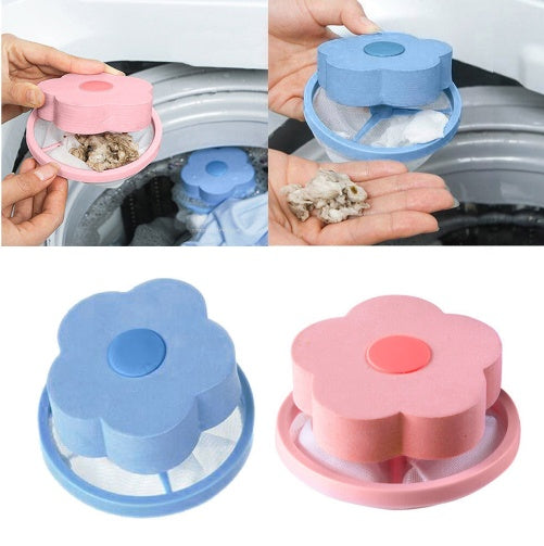Shopi Vella washing machine hair catcher in pink and blue flower shape for bathroom storage