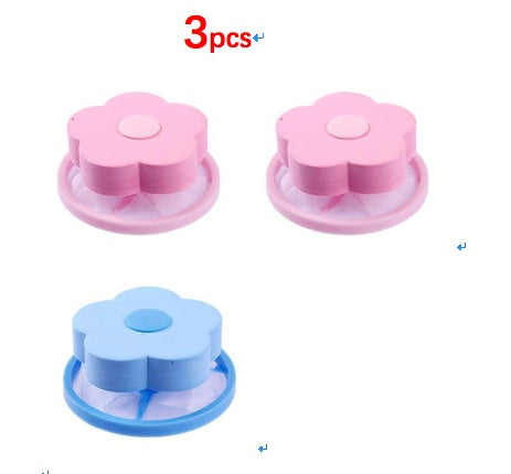 Set of three pink and blue flower-shaped washing machine hair catcher for bathroom storage