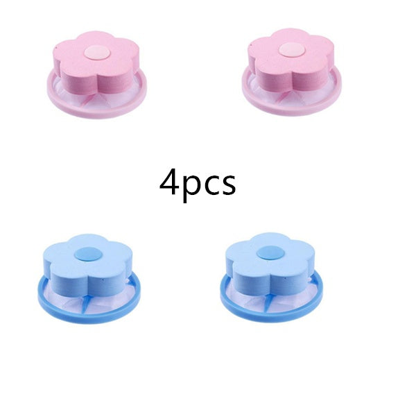 Set of 4 pink and blue flower-shaped washing machine hair catcher for bathroom storage