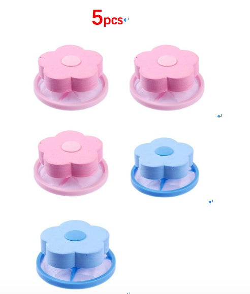 Set of five pink and blue flower-shaped washing machine hair catcher for bathroom storage
