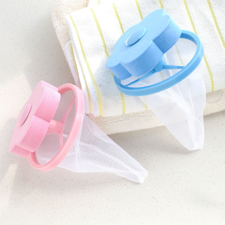 Shopi Vella washing machine hair catcher in pink and blue with flower-shaped tops and mesh net for bathroom storage