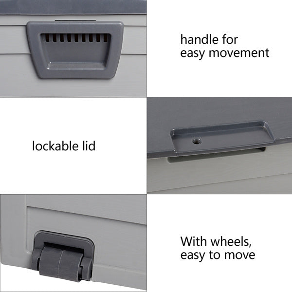 Shopi Vella waterproof patio storage container with lockable lid, handle, and wheels for easy movement