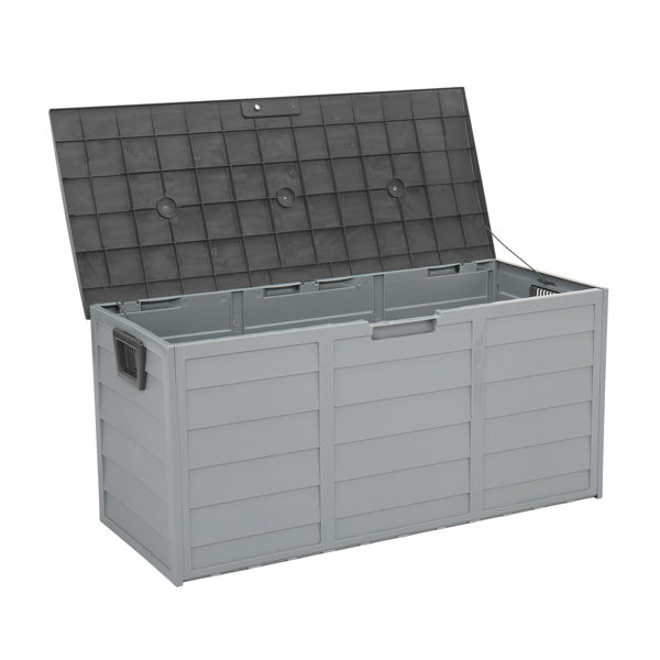 Shopi Vella waterproof patio storage container in gray with black lid and side handles