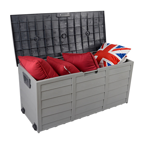 Shopi Vella waterproof patio storage container with open lid holding red and Union Jack pillows