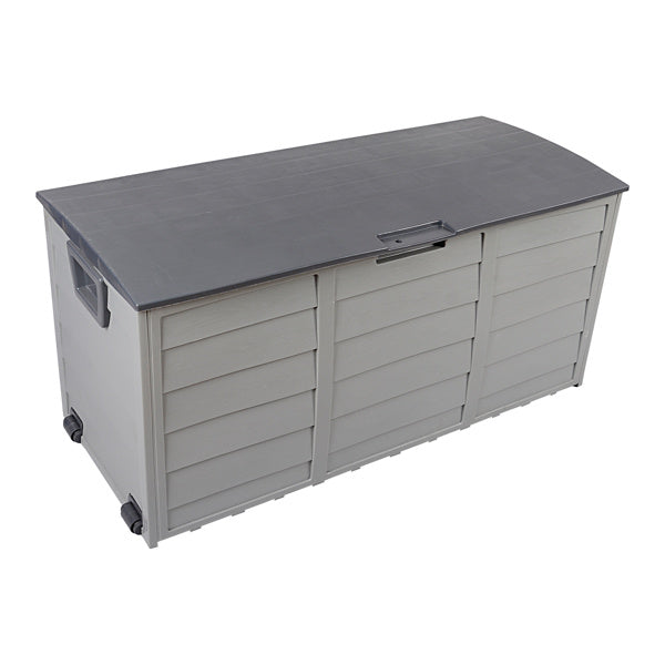 Shopi Vella waterproof patio storage container with gray slatted design and black lid for outdoor use