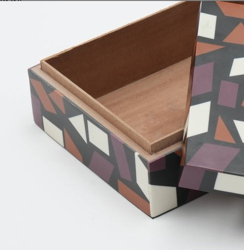 Shopi Vella geometric resin storage box with colorful abstract shapes and removable lid