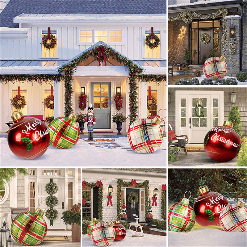 Giant outdoor Christmas ornament ball decorations in red and plaid patterns displayed around festive front porches