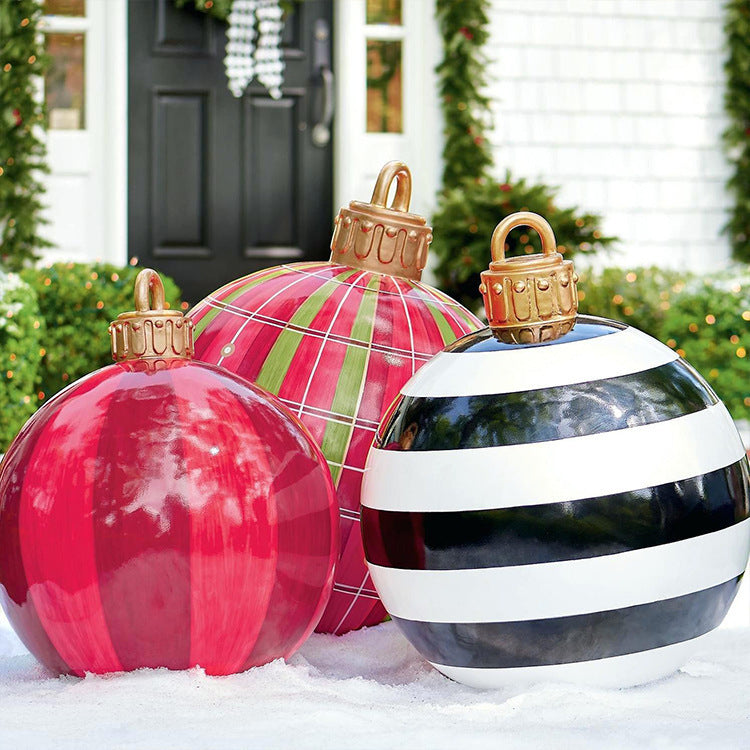 Shopi Vella giant outdoor Christmas ornament ball set with red, plaid, and black white stripes