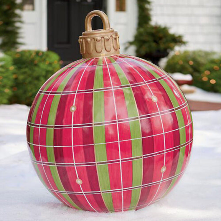 Shopi Vella giant outdoor Christmas ornament ball in red and green plaid pattern for holiday decor