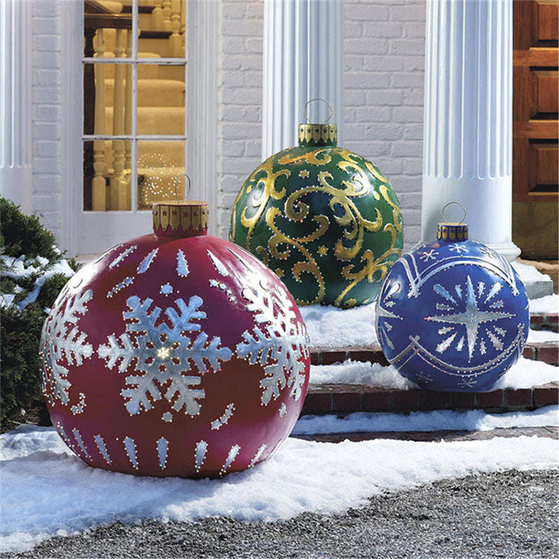 Shopi Vella giant outdoor Christmas ornament ball set in red green and blue with snowflake and swirl designs