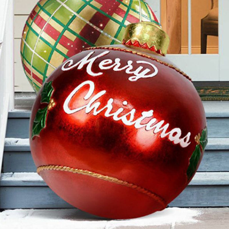 Shopi Vella giant outdoor Christmas ornament ball in red with Merry Christmas text and green holly decoration