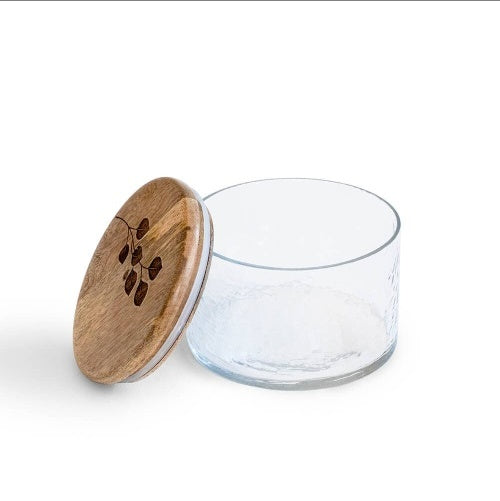 Shopi Vella glass jar with wooden lid featuring a floral design, ideal for storage and kitchen organization