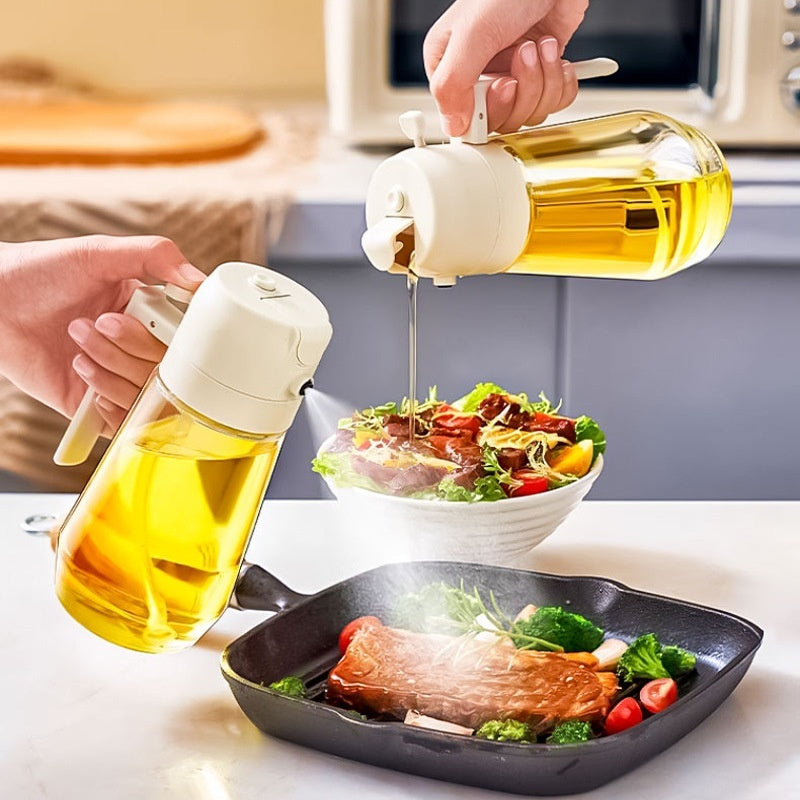 Shopi Vella glass oil spray bottle for air fryer used to drizzle oil on salad and steak in kitchen