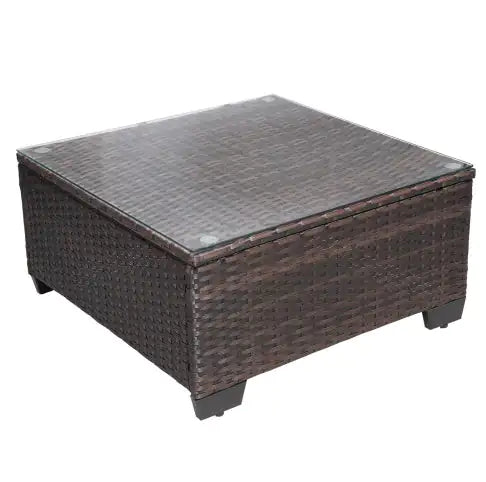 Square wicker coffee table with glass top from 7 piece outdoor patio furniture set