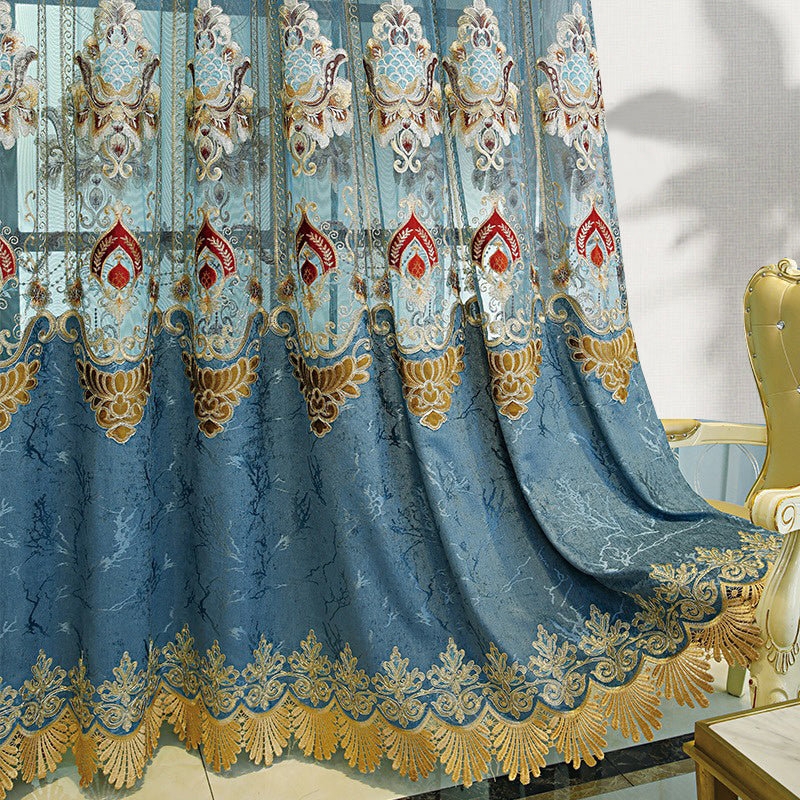 Shopi Vella modern velvet living room curtains in blue with gold and red embroidered patterns