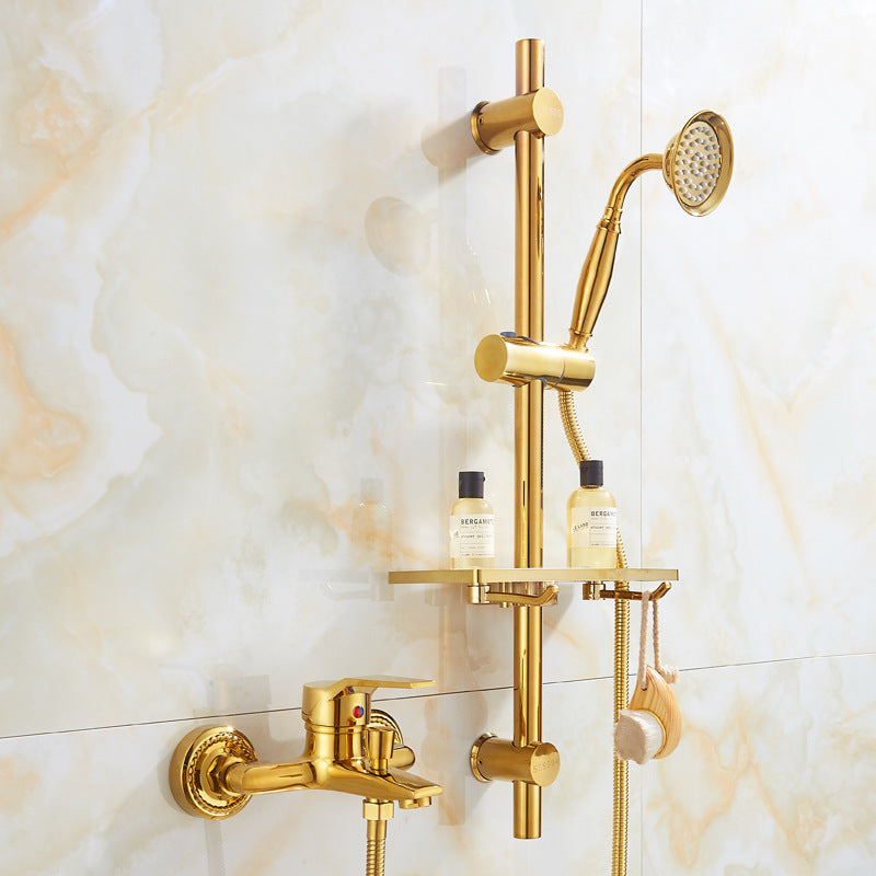 Shopi Vella gold copper bathtub faucet and shower set mounted on marble wall with soap holders and showerhead