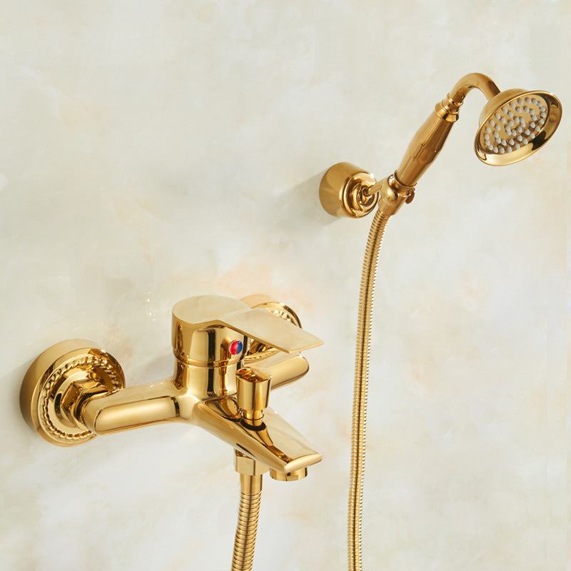 Shopi Vella gold copper bathtub faucet and matching shower set with handheld showerhead