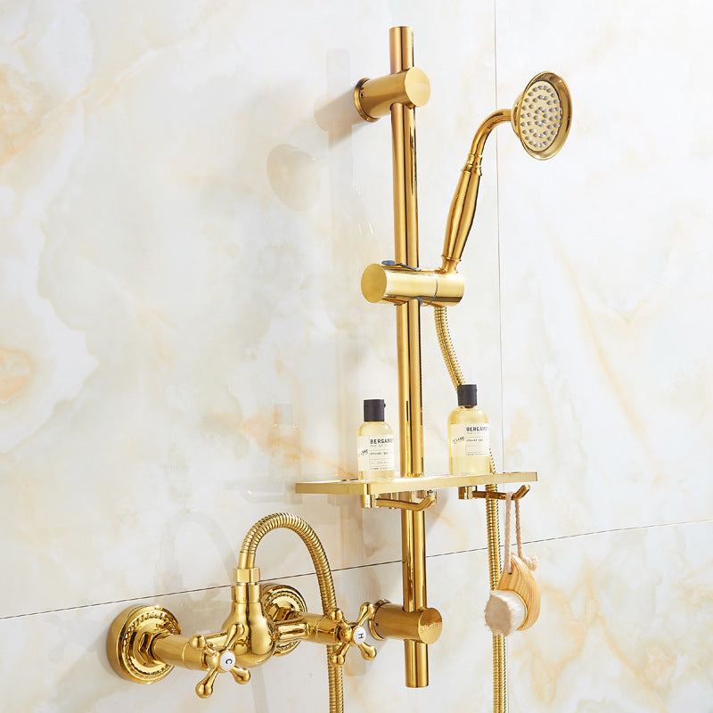 Shopi Vella gold copper bathtub faucet shower set mounted on marble wall with handheld showerhead and storage shelf