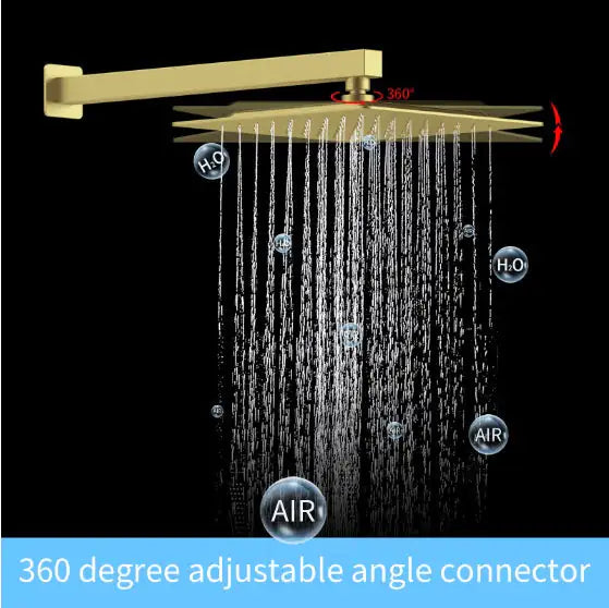 Gold wall-mounted shower mixer combo with 360 degree adjustable angle and rainfall water flow