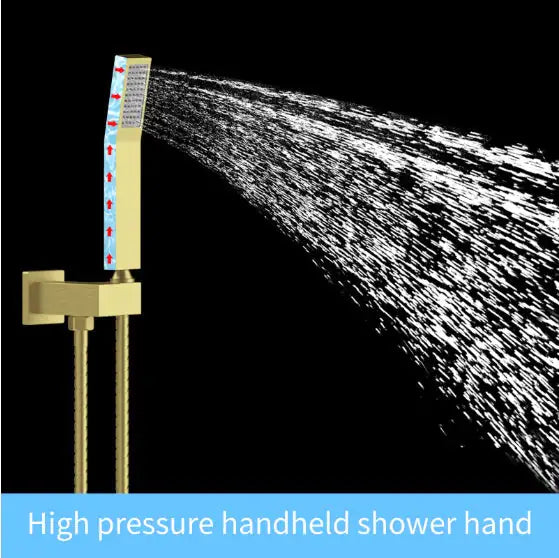High pressure wall-mounted shower mixer combo with handheld square showerhead in gold finish