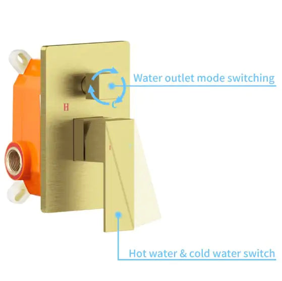 Gold wall-mounted shower mixer combo with water outlet mode and hot cold water switch