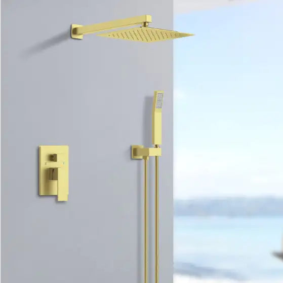Matte gold wall-mounted shower mixer combo with square rainfall showerhead and handheld shower