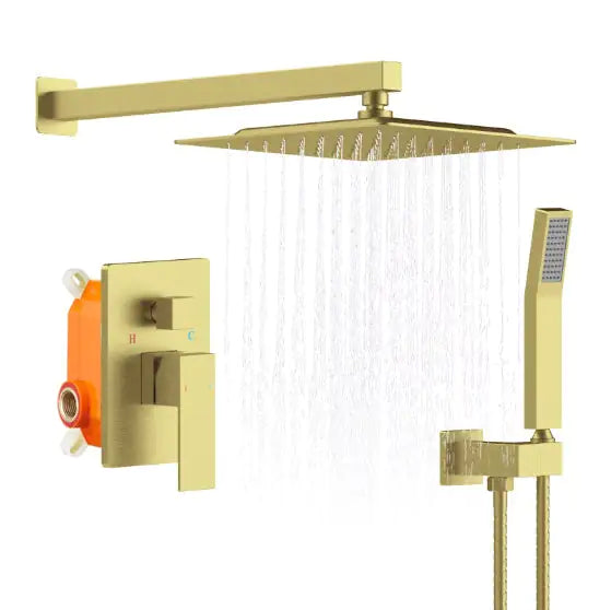Gold finish wall-mounted shower mixer combo with square rain showerhead and handheld shower wand
