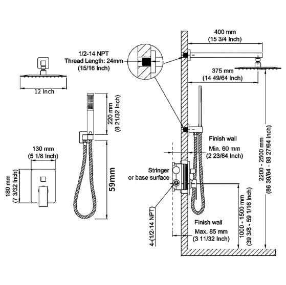 Technical diagram of wall-mounted shower mixer combo with detailed measurements and installation specifications