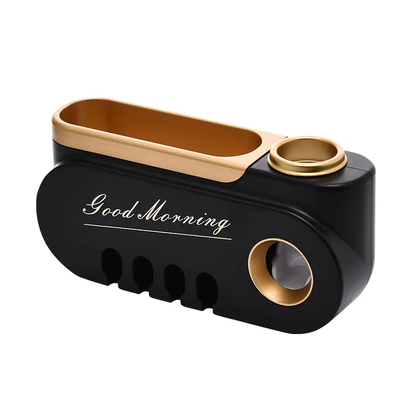 Black and gold wall mounted toothbrush holder set with Good Morning text and multiple slots