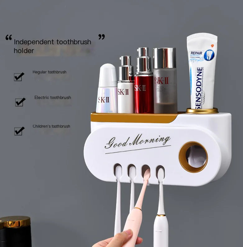 Wall mounted toothbrush holder set with space for toothpaste and multiple toothbrushes including electric and regular types
