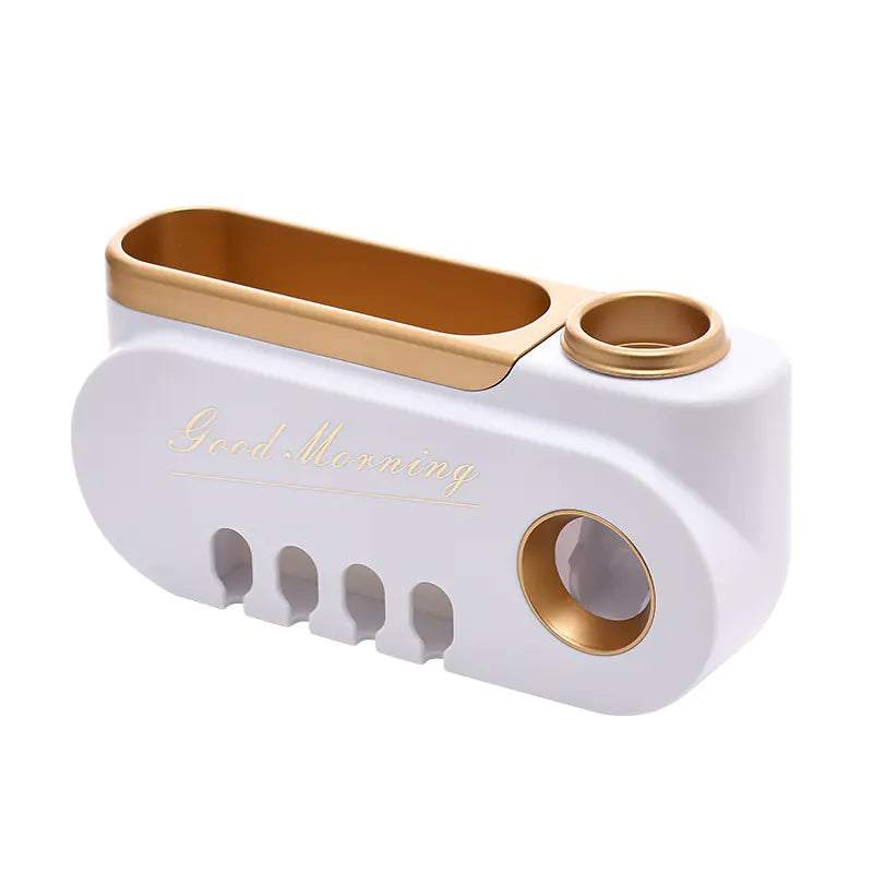 White and gold wall mounted toothbrush holder set with multiple slots and cup holder