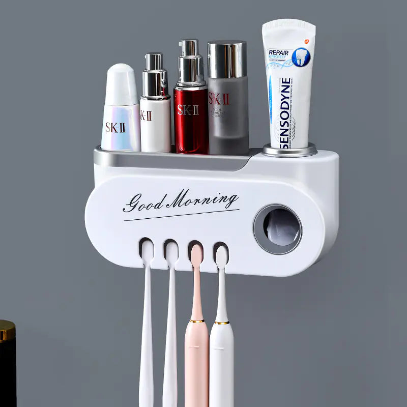 White wall mounted toothbrush holder set with toothpaste slot and storage for skincare bottles
