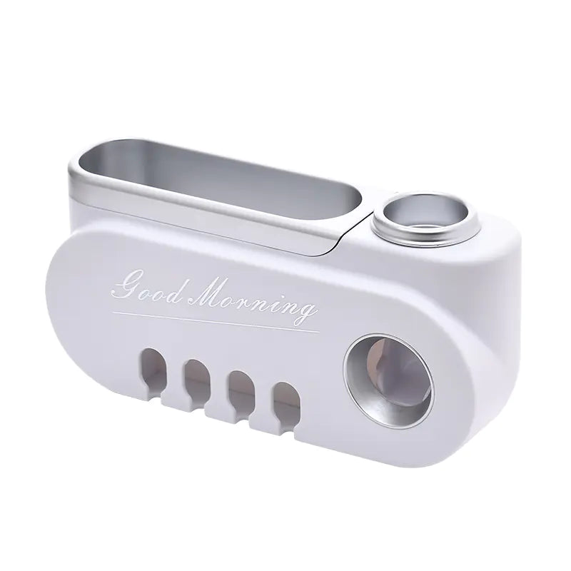 White wall mounted toothbrush holder set with toothpaste dispenser and four slots for toothbrushes