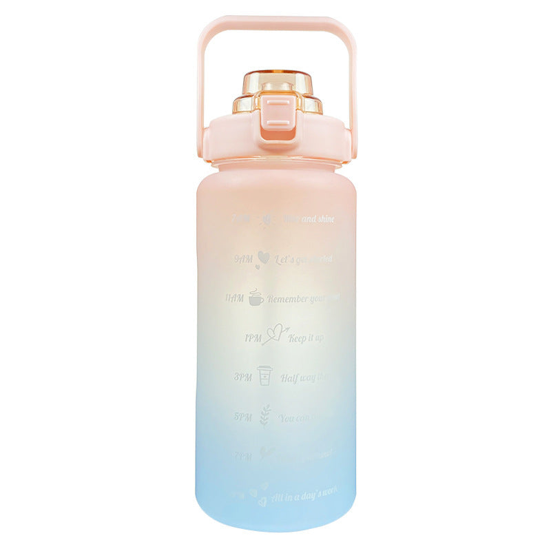 Shopi Vella plastic water bottle for daily hydration with pink and blue gradient and motivational time markings