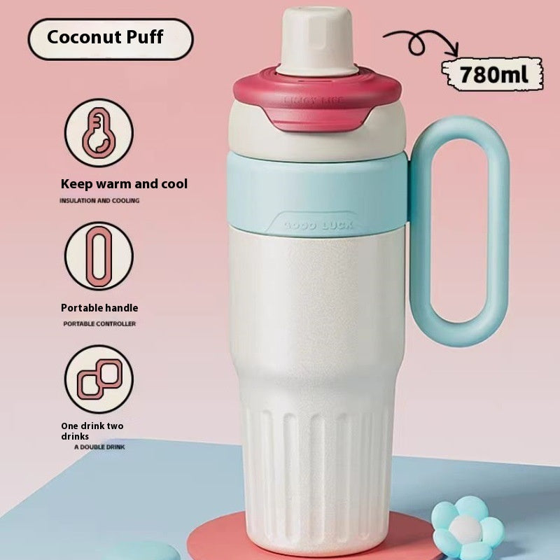 Gradient stainless steel coffee thermos with 780ml capacity and portable handle in pastel colors