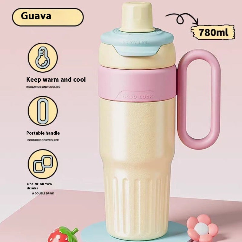 Gradient stainless steel coffee thermos with 780ml capacity and portable handle in pastel guava colors