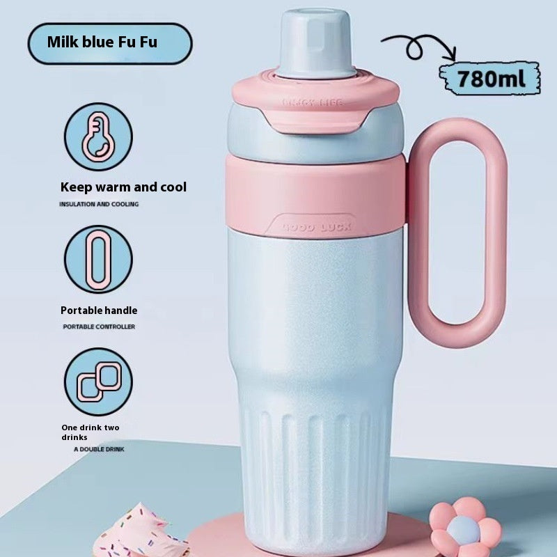 Milk blue gradient stainless steel coffee thermos with pink handle and 780ml capacity
