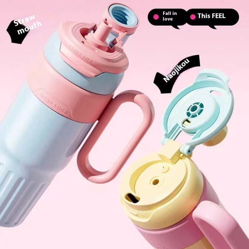Gradient stainless steel coffee thermos with pastel pink, blue, and yellow colors and easy-to-use straw mouth