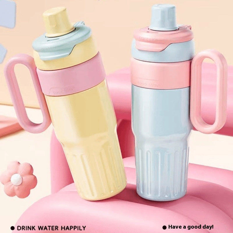 Shopi Vella gradient stainless steel coffee thermos in pastel yellow and blue with pink handles for home storage